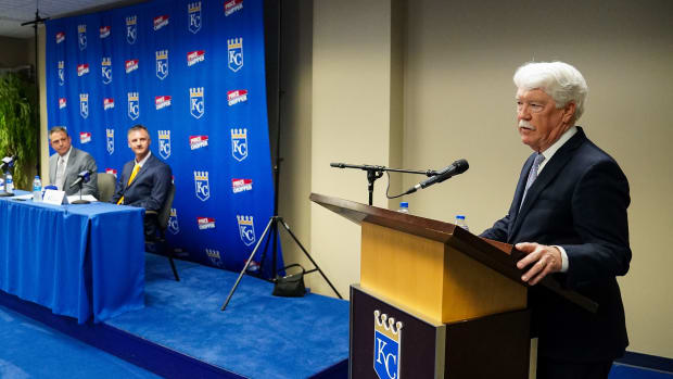 Nov 3, 2022; Kansas City, Missouri, USA; Kansas City Royals owner John Sherman introduces Matt Quatraro as manager during a press conference at Kauffman Stadium. Mandatory Credit: Jay Biggerstaff-USA TODAY Sports